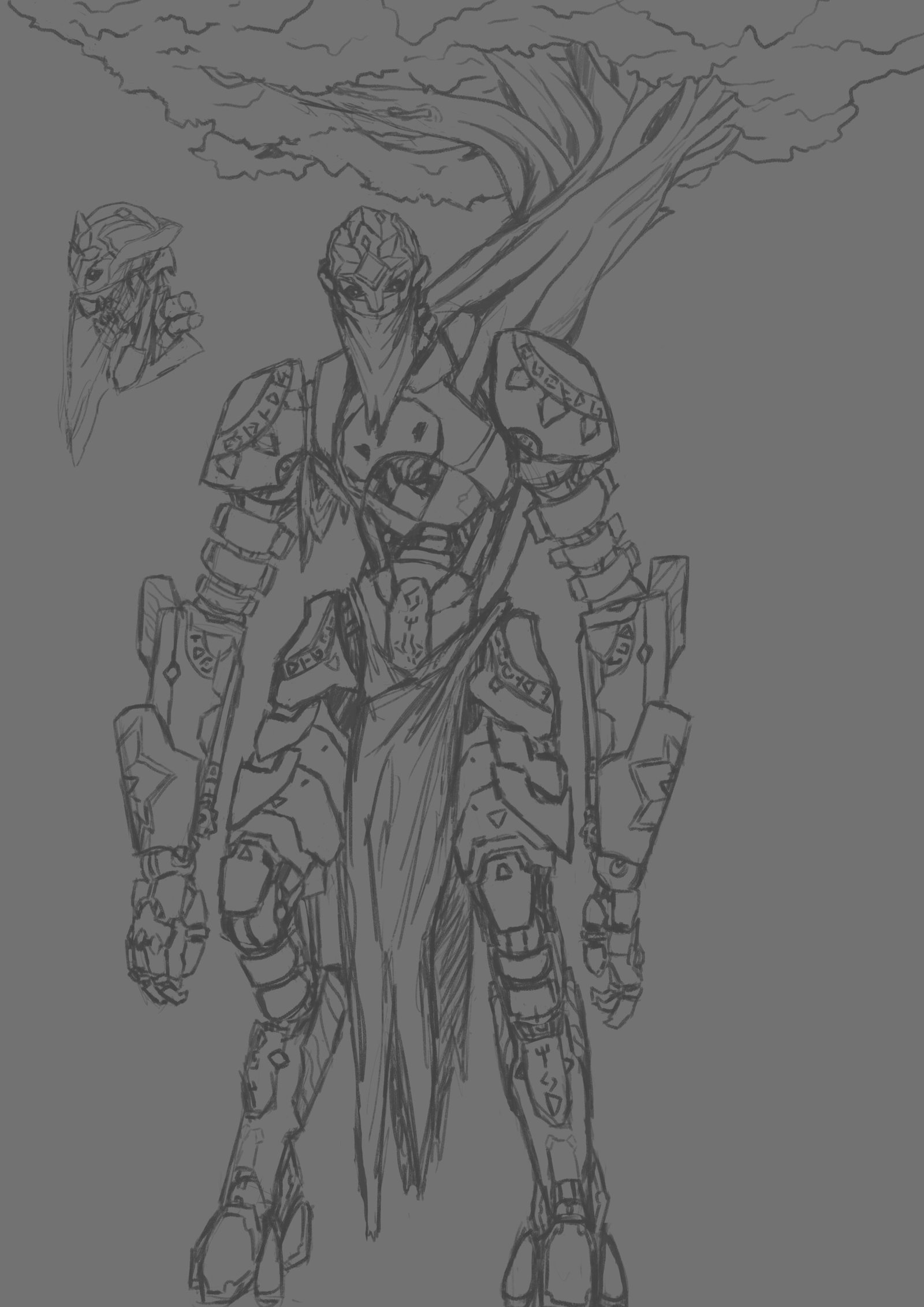 A character design sketch for an ancient robot.